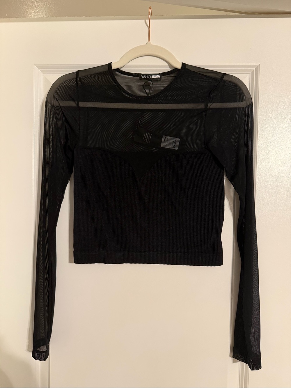 NWT - Fashion Nova Black Sheer Mesh Long Sleeve Crop Top with Ribbed Bodice